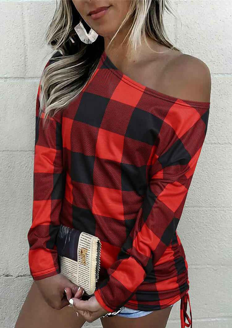 

Buffalo Plaid Drawstring Slash Neck Blouse, 487698