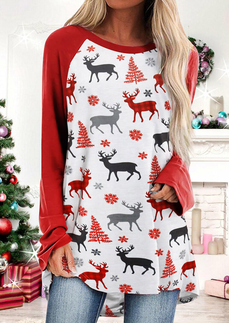 

Christmas Tree Reindeer Snowflake Asymmetric Blouse - Red, 487757