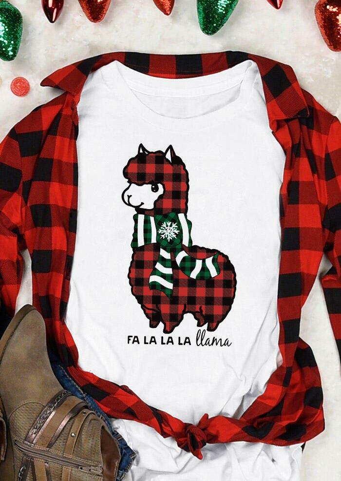 

Fa La La La Llama Alpaca Buffalo Plaid T-Shirt Tee - White, 487841