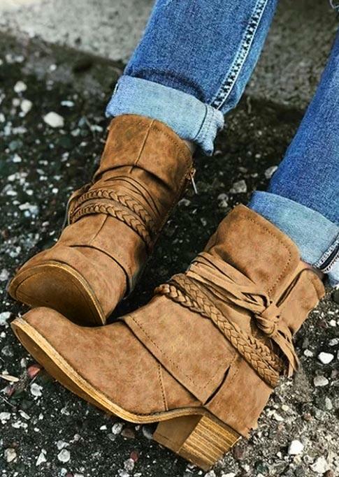 

Chunky Heel Round Toe Strap Ankle Boots - Light Brown, 487916