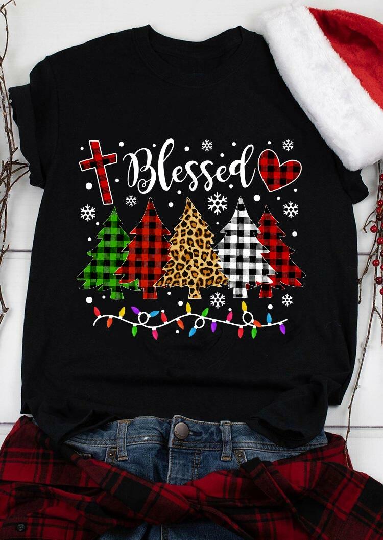 

Leopard Plaid Christmas Tree Blessed Cross Snowflake T-Shirt Tee - Black, 487922