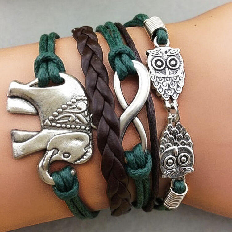 

Vintage Elephant Owl Multi-Layered Braided Bracelet, Multicolor, 487951