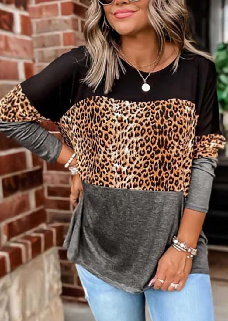 

Leopard Splicing Color Block Long Sleeve Blouse, Multicolor, 487956