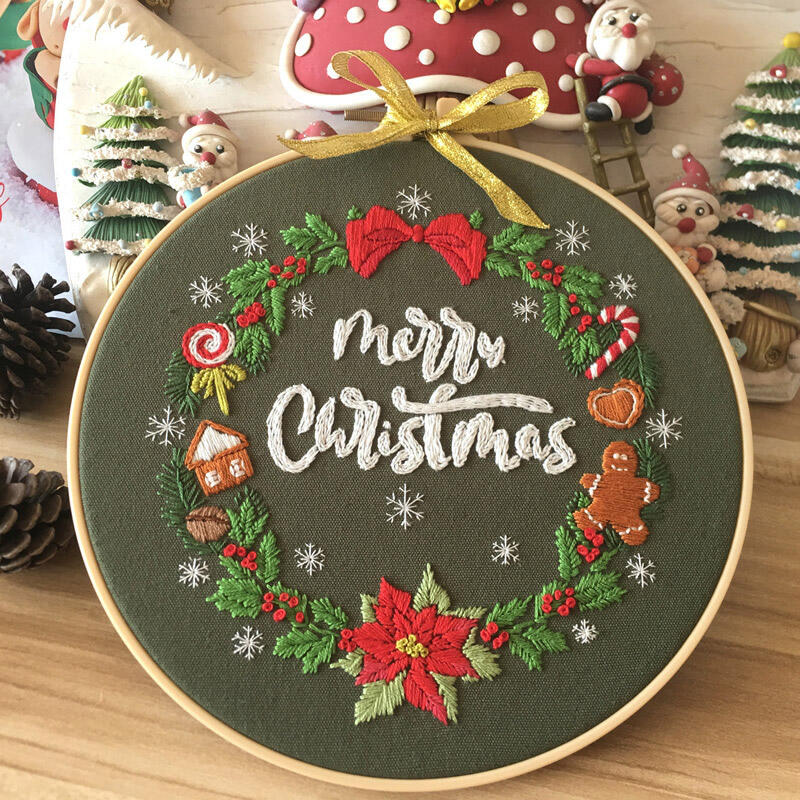 

Merry Christmas Snowman Floral Embroidery Kit For Beginner, Green, 487970