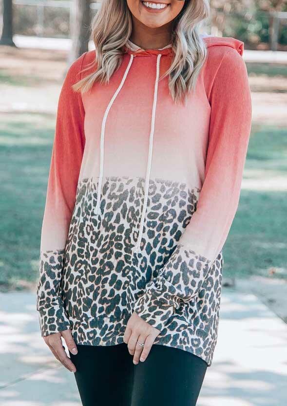 

Leopard Gradient Spicing Drawstring Pullover Hoodie, Multicolor, 484185