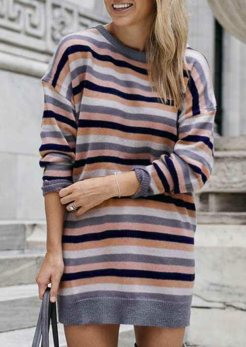 Colorful Striped Knitted Long Sleeve Mini Dress