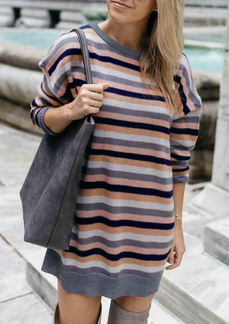 Colorful Striped Knitted Long Sleeve Mini Dress