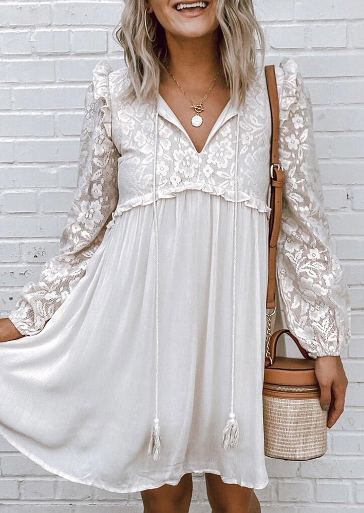 

Lace Floral Ruffled Tassel Drawstring Long Sleeve Mini Dress - White, 487924