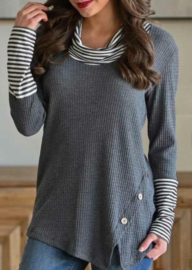 

Striped Splicing Asymmetric Button Cowl Neck Blouse - Gray, 487958