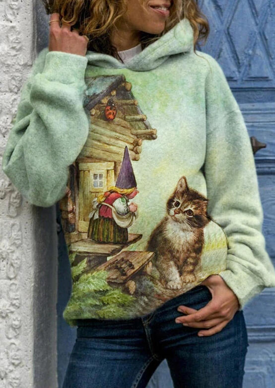 

Cute Cat Tie Dye Pullover Hoodie - Light Green, 487961