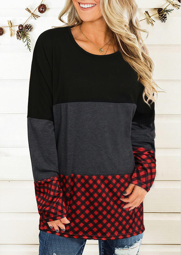 

Color Block Buffalo Plaid Splicing Long Sleeve Blouse, Multicolor, 487966