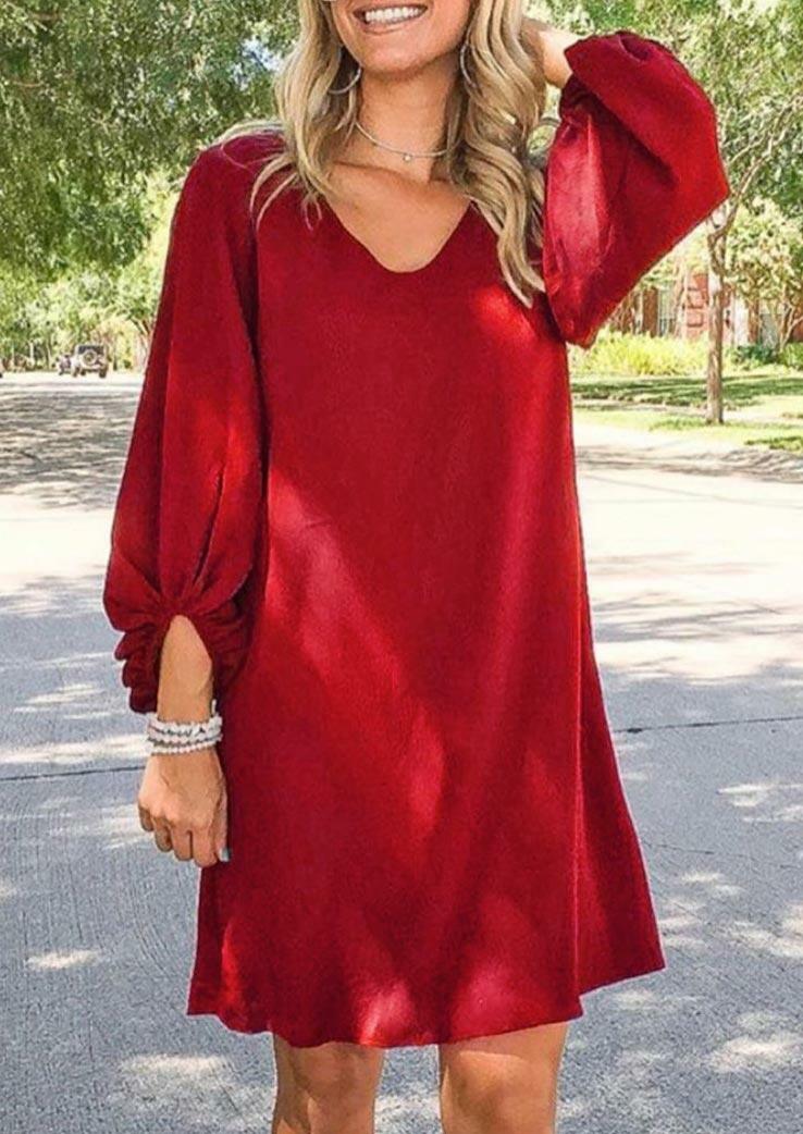 

Ruffled Lantern Sleeve V-Neck Mini Dress - Red, 488015