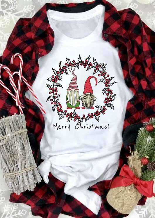 

Merry Christmas Gnomies Wreath T-Shirt Tee - White, 488019