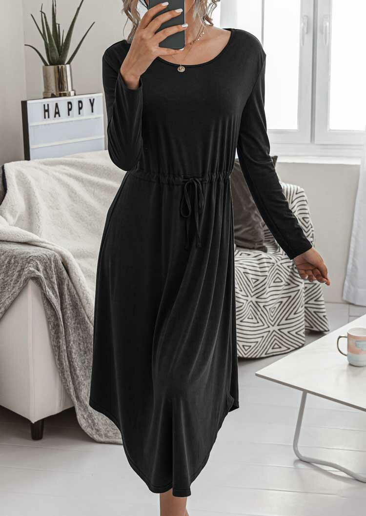 

Asymmetric Drawstring Long Sleeve O-Neck Casual Dress - Black, 488029