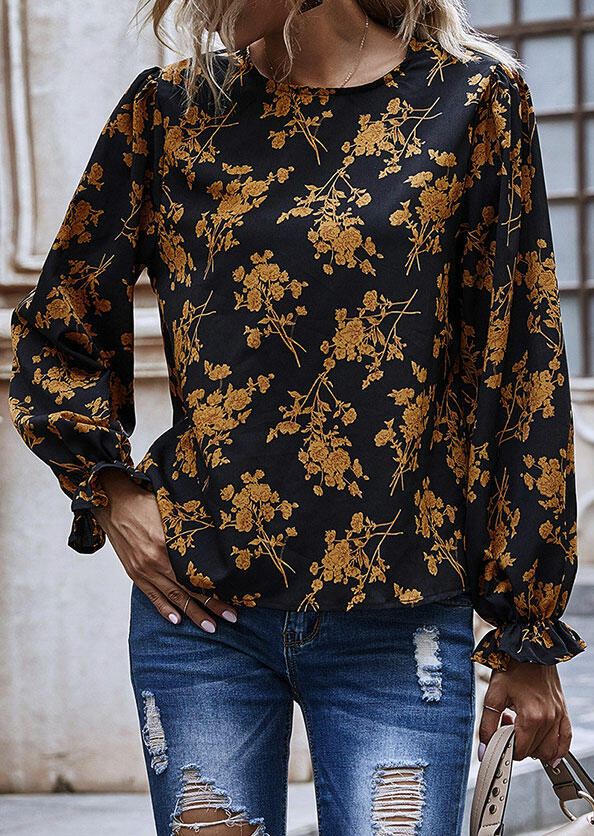 

Floral Ruffled Long Sleeve O-Neck Blouse - Black, 488037