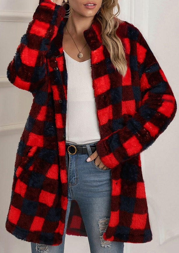 

Buffalo Plaid Pocket Button Long Sleeve Cardigan Coat, 487928