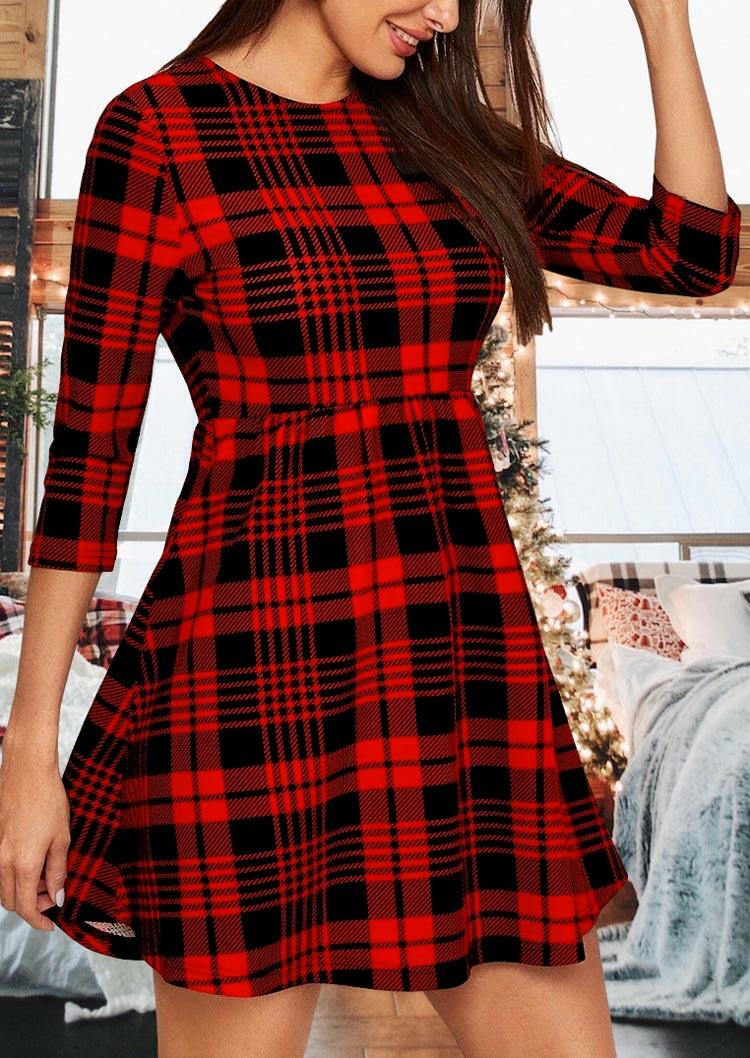 

Buffalo Plaid Ruffled Three Quarter Sleeve Mini Dress, 487997