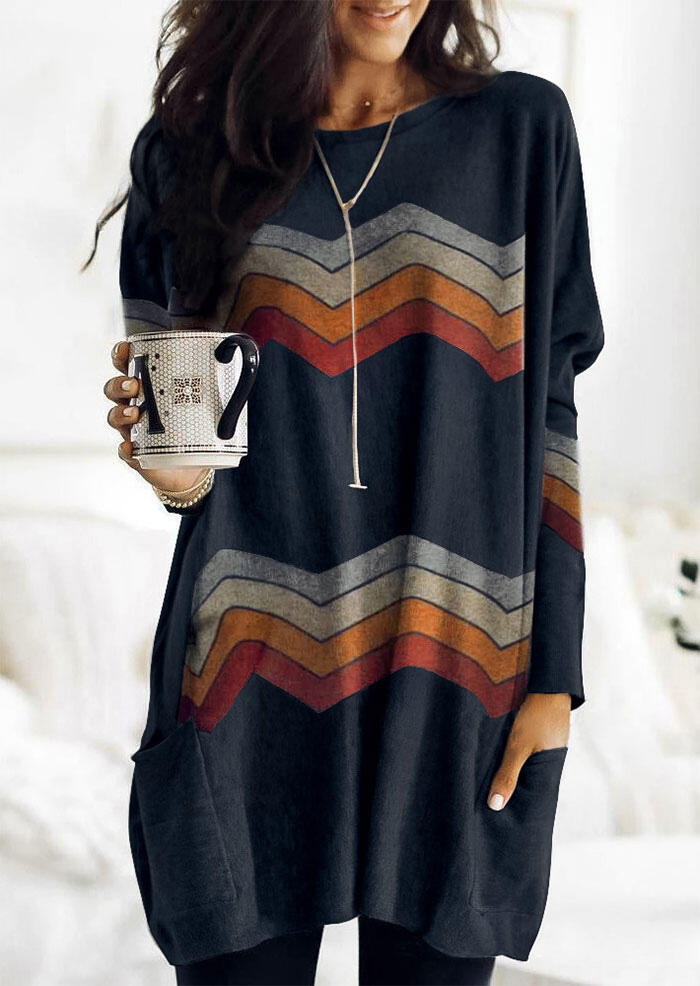 

Colorful Striped Pocket O-Neck Mini Dress without Necklace - Navy Blue, 488082
