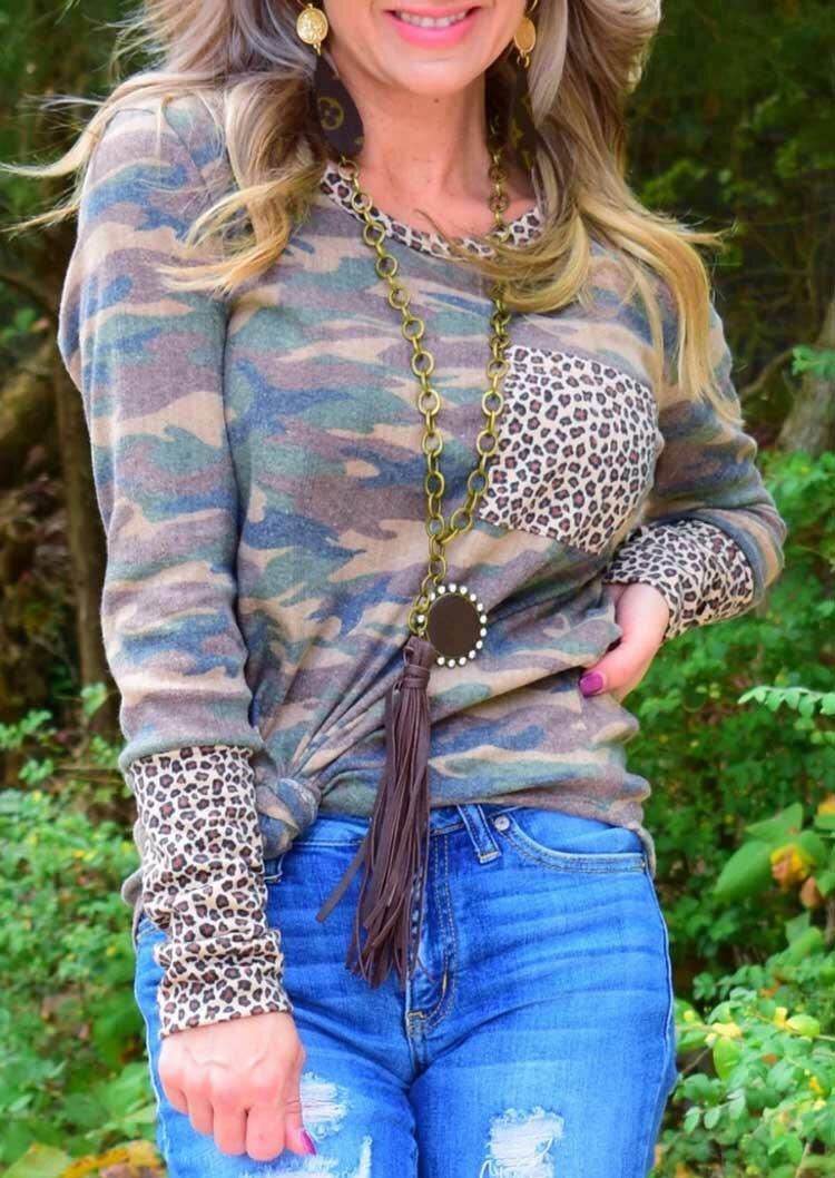 

Camouflage Leopard Pocket Splicing Long Sleeve Blouse, 488115