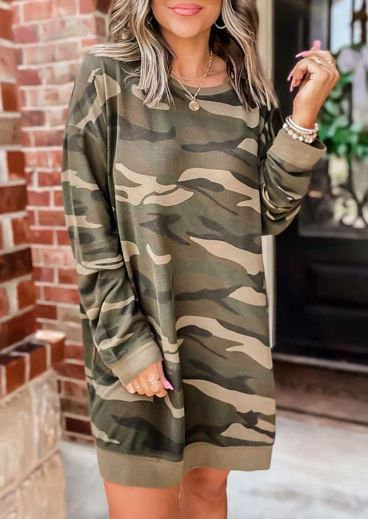 

Camouflage Long Sleeve Loose Mini Sweatshirt Dress, 488138