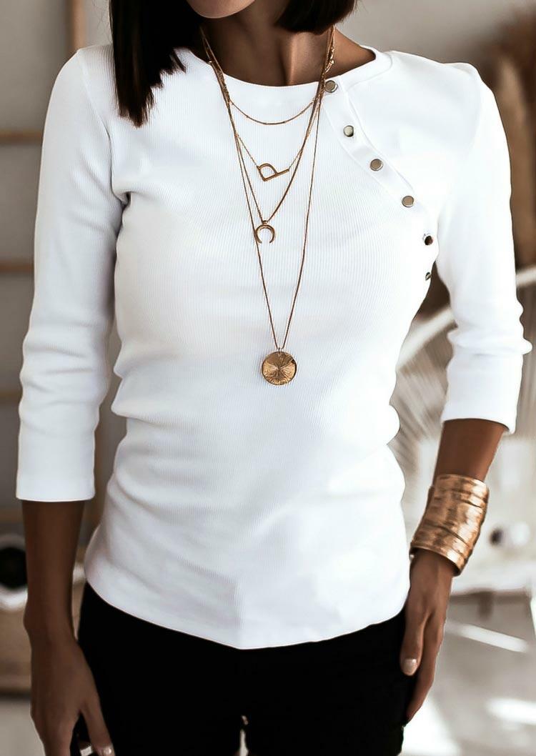 

Bevel Button O-Neck Long Sleeve Blouse - White, 488149