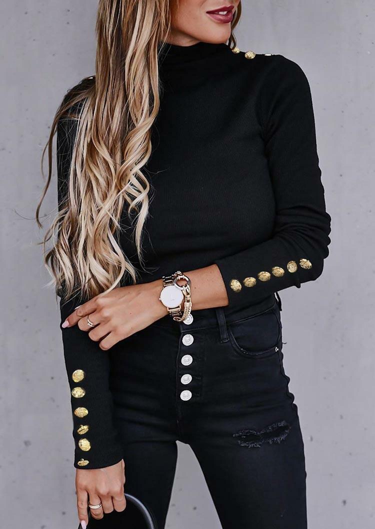 

Button Long Sleeve Turtleneck Slim Blouse - Black, 488150