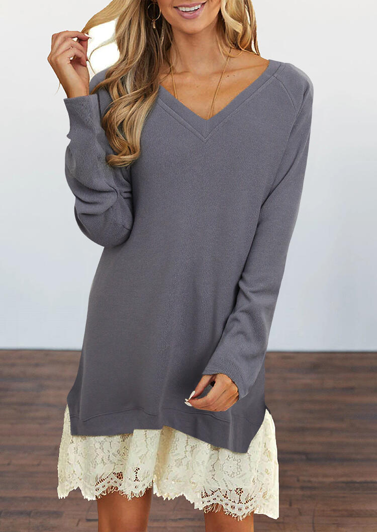 

Lace Splicing Long Sleeve V-Neck Mini Dress - Gray, 488065