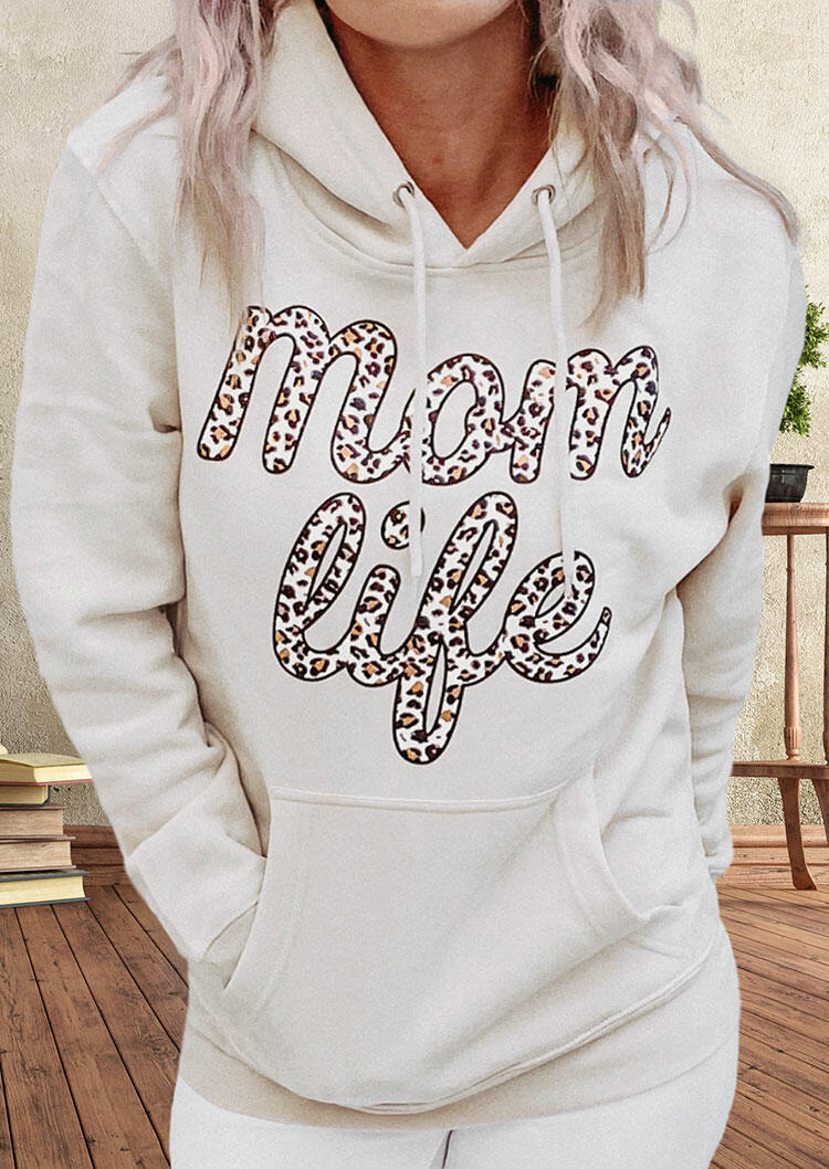 

Leopard Mom Life Kangaroo Pocket Drawstring Hoodie - White, 488129