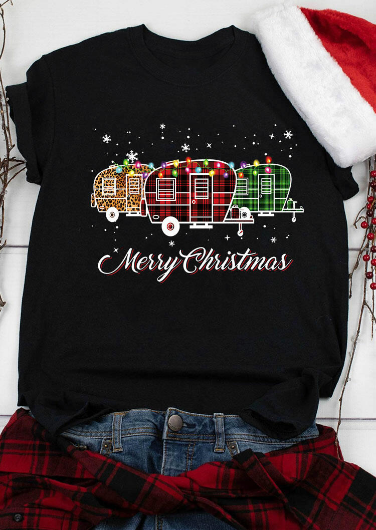 

Merry Christmas Camper Leopard Plaid T-Shirt Tee - Black, 488133