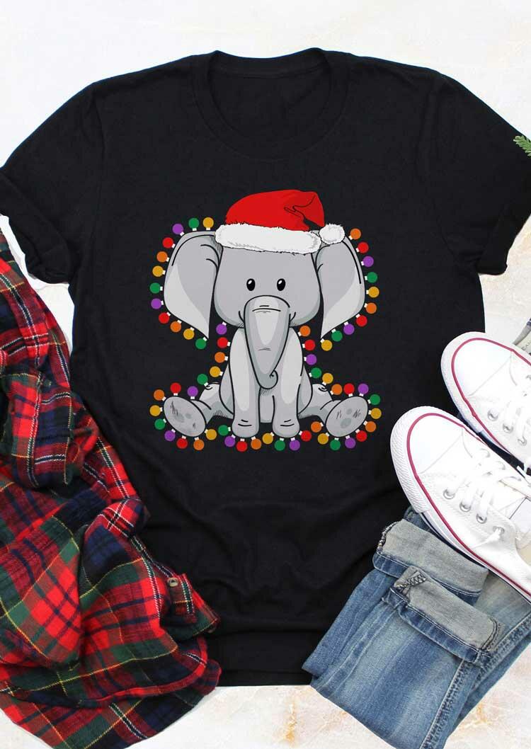 

Christmas Hat Colorful Bulb Elephant T-Shirt Tee - Black, 488144