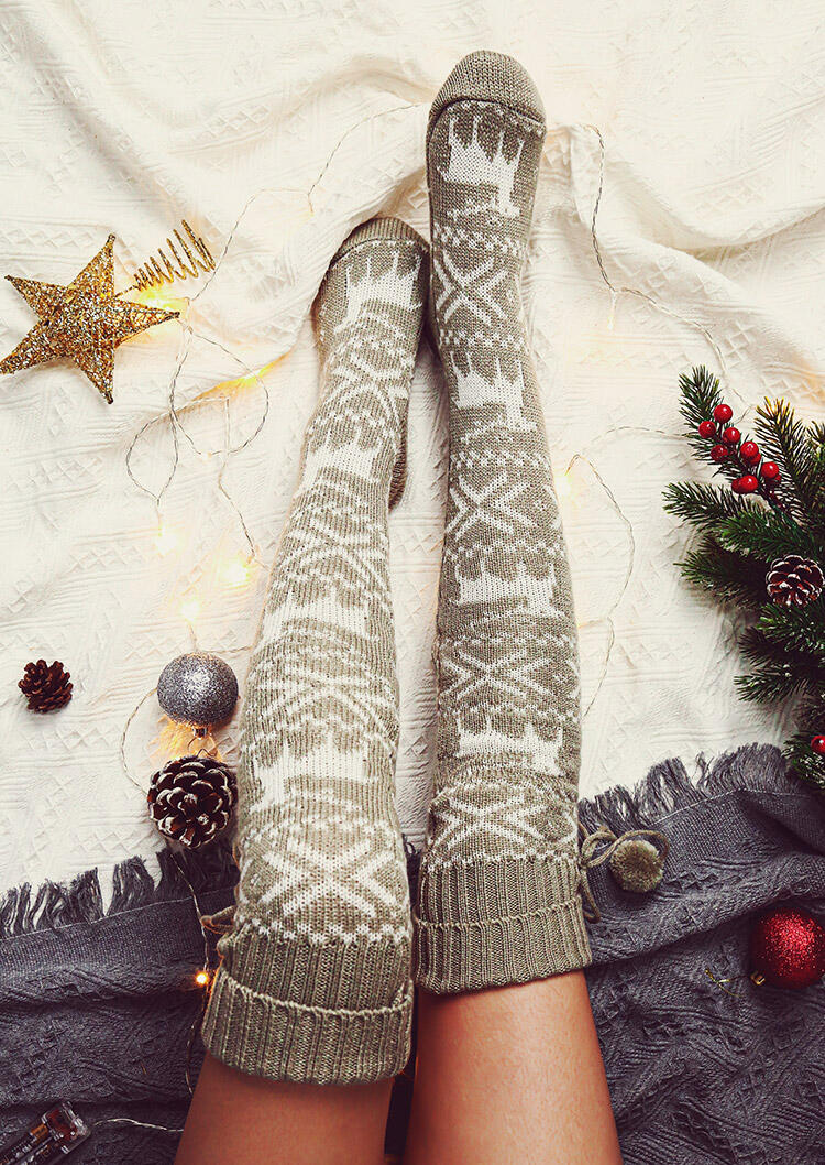 

Christmas Elk Over Knee Knitted Hairball Socks, Gray, 488158