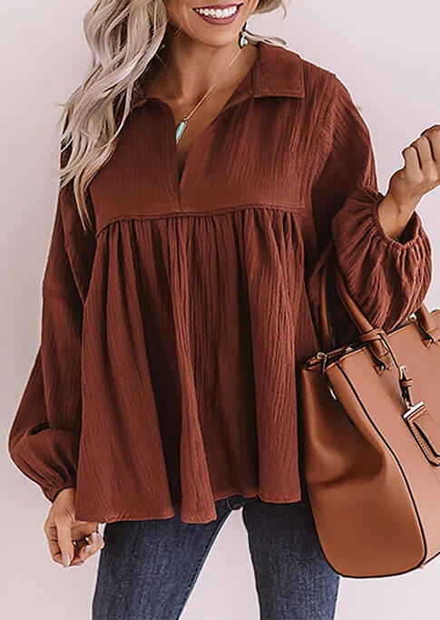 

Ruffled Lantern Sleeve V-Neck Blouse - Coffee, 488166