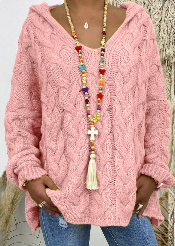 

Crochet Knitted Hooded Sweater - Pink, 488214