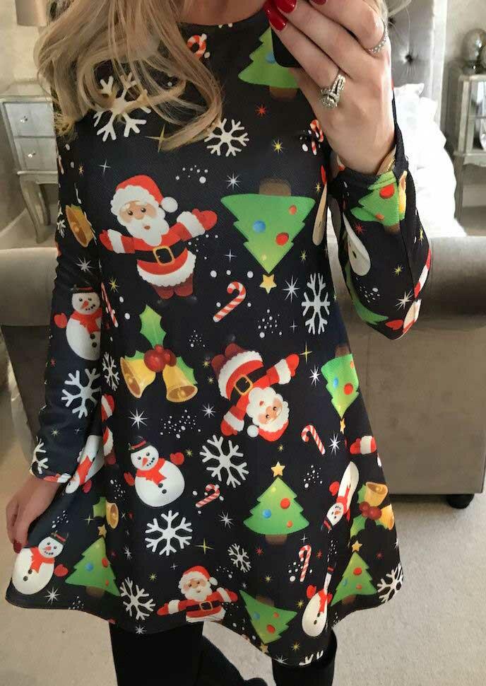 

Christmas Santa Claus Trees Snowman Mini Dress - Black, 488220