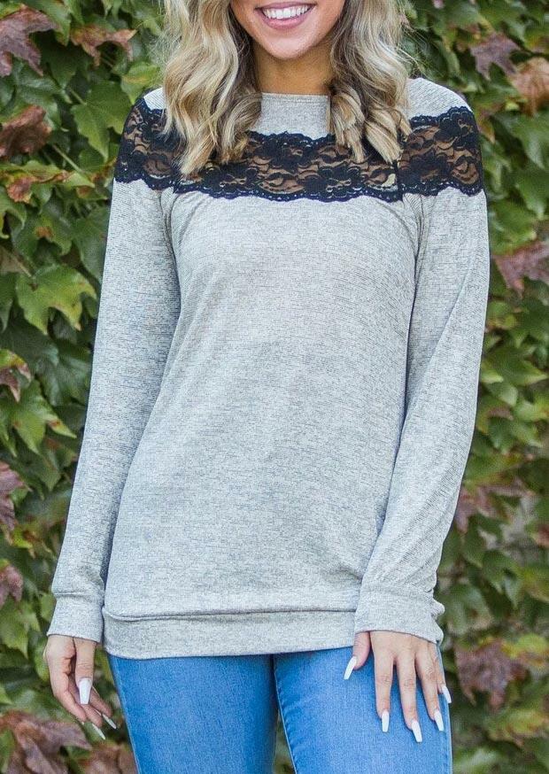 

Lace Splicing Long Sleeve O-Neck Blouse - Gray, 488277