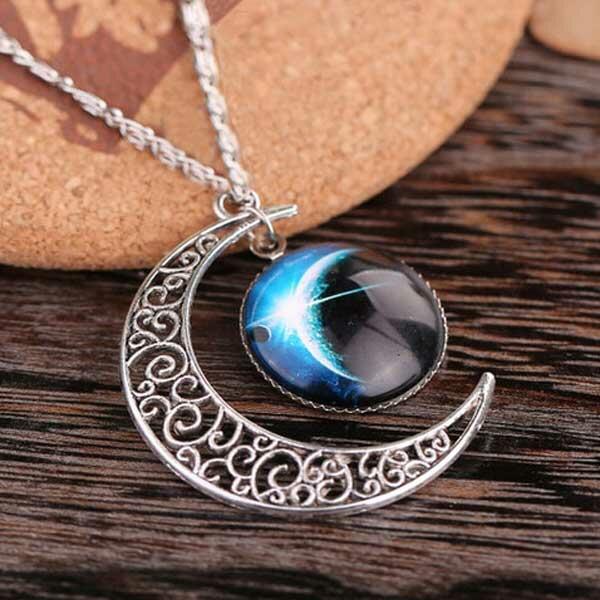 

Hollow Out Carved Moon Galactic Cosmic Pendant Necklace, Blue, 488290