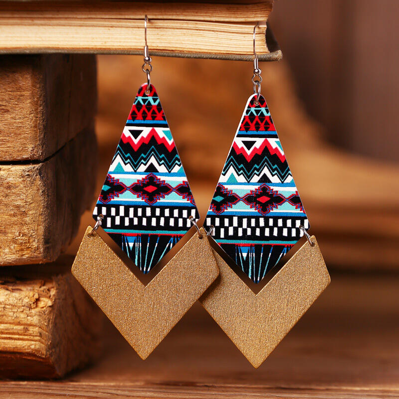 

Vintage Aztec Geometric Diamond-Shaped Wooden Earrings, Pattern1;pattern2, 488293