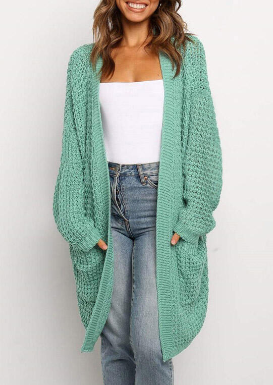 

Knitted Pocket Open Front Sweater Long Cardigan - Green, 486595