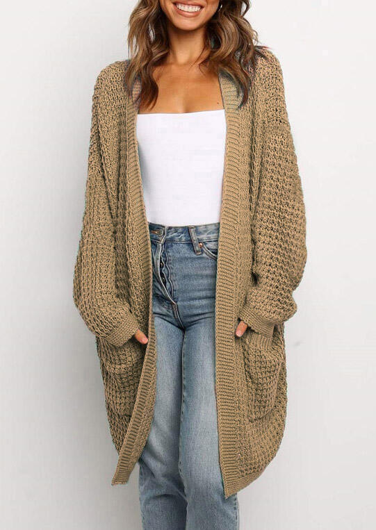 

Knitted Pocket Open Front Sweater Long Cardigan - Khaki, 486605
