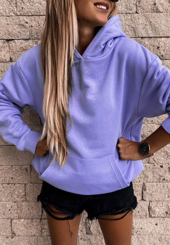 Kangaroo Pocket Long Sleeve Pullover Hoodie - Purple - Bellelily