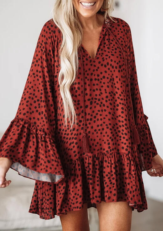 Polka Dot Ruffled Drawstring Tassel V-Neck Mini Dress - Brick Red