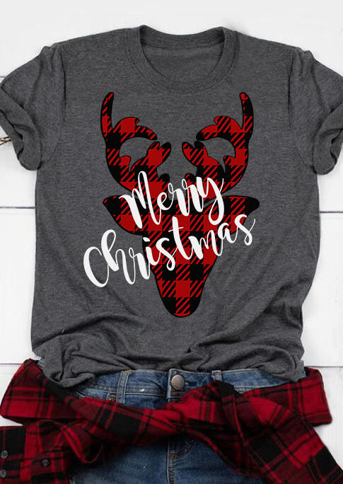 

Merry Christmas Plaid Reindeer T-Shirt Tee - Dark Grey, 488270