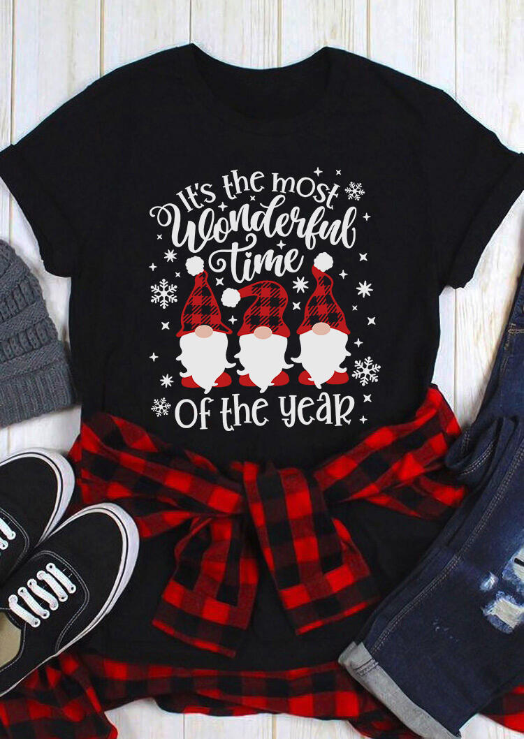 

Christmas Gnomies Plaid Wonderful Time T-Shirt Tee - Black, 488273