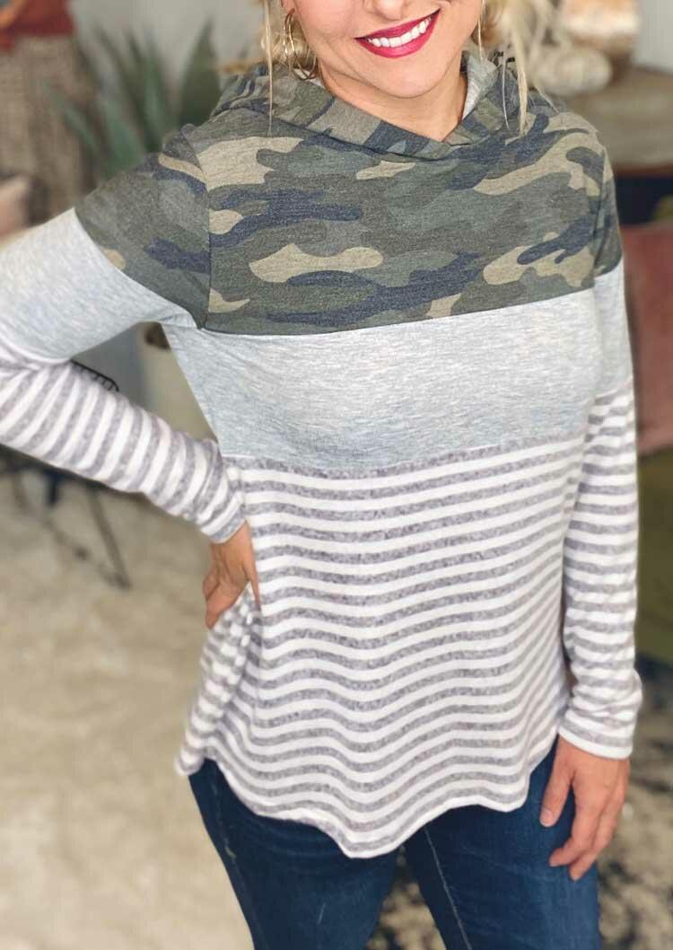 

Camouflage Striped Splicing Pullover Hoodie, Multicolor, 488303