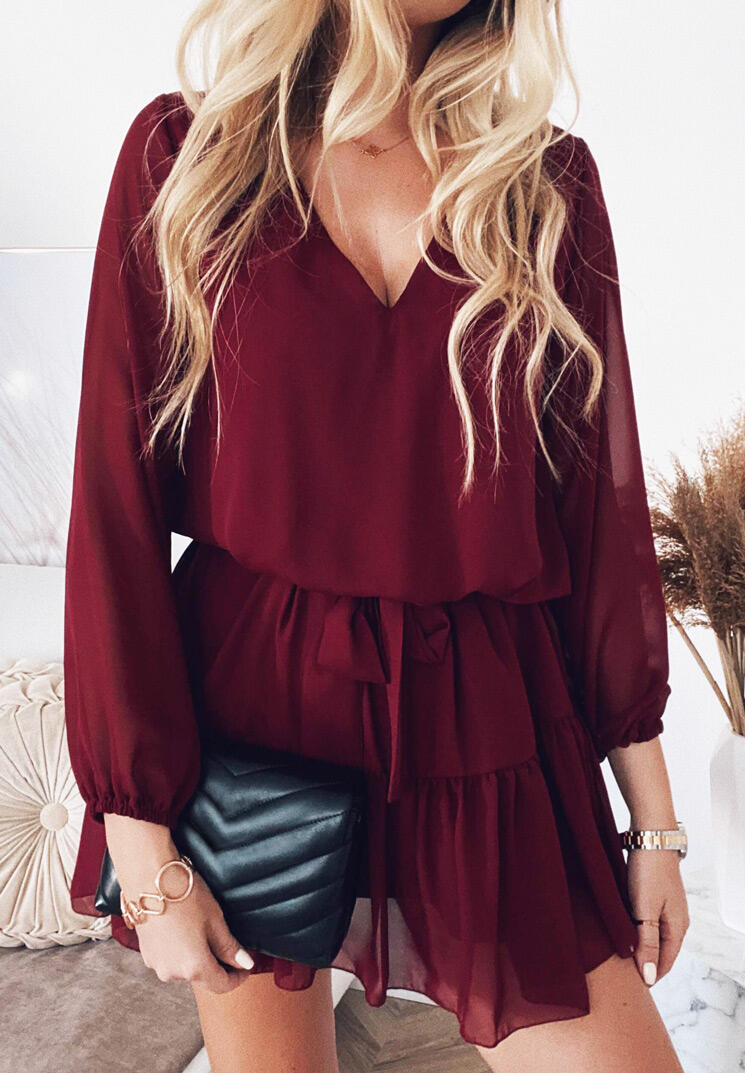 

Ruffled Elastic Cuff V-Neck Mini Dress - Burgundy, 488305