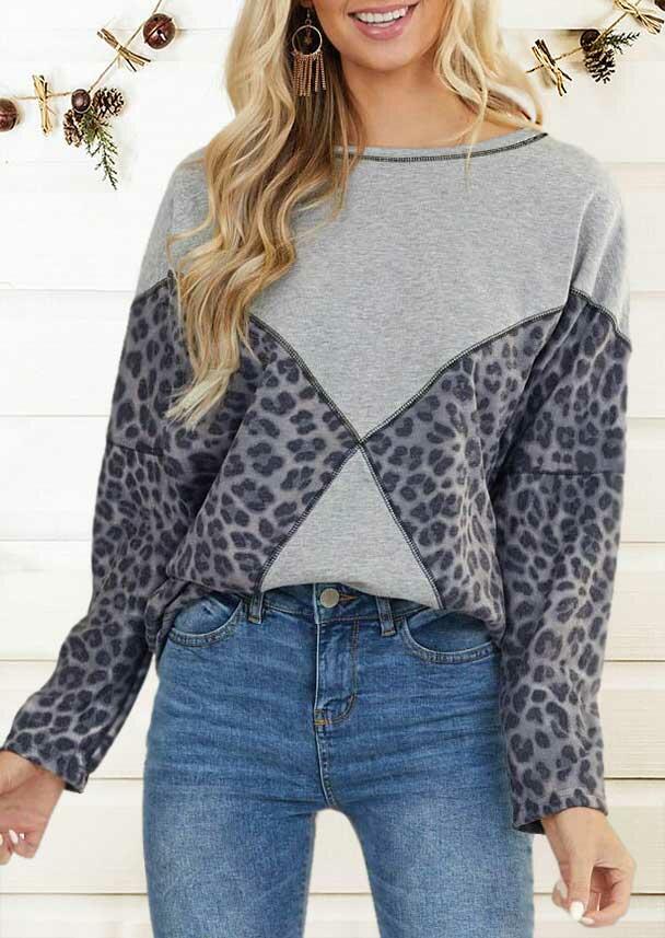 

Leopard Splicing Long Sleeve O-Neck Sweatshirt - Gray, 488310