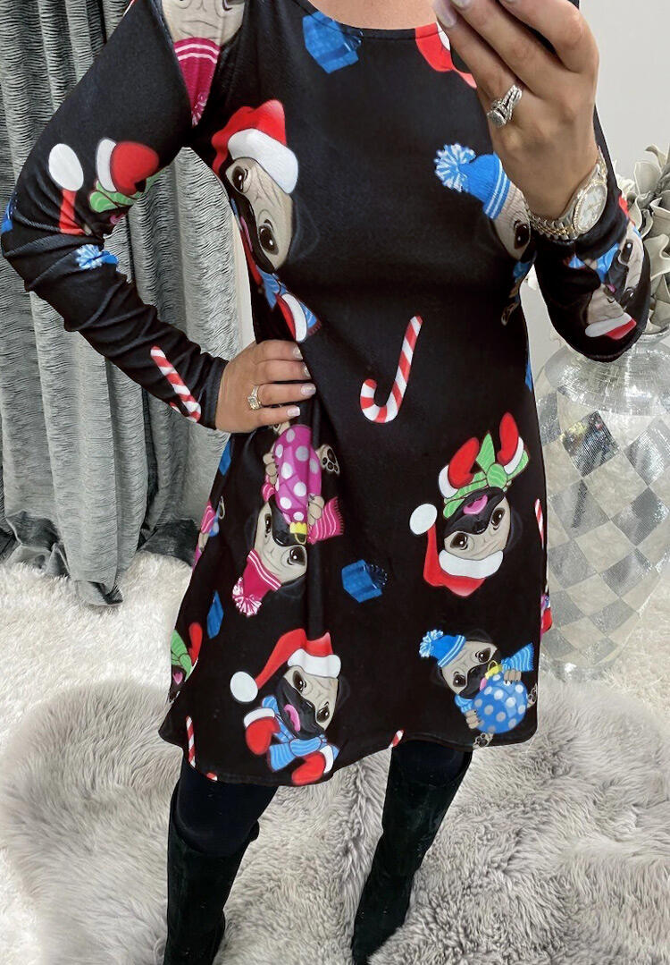 

Christmas Dabbing Pug Long Sleeve Mini Dress - Black, 488314