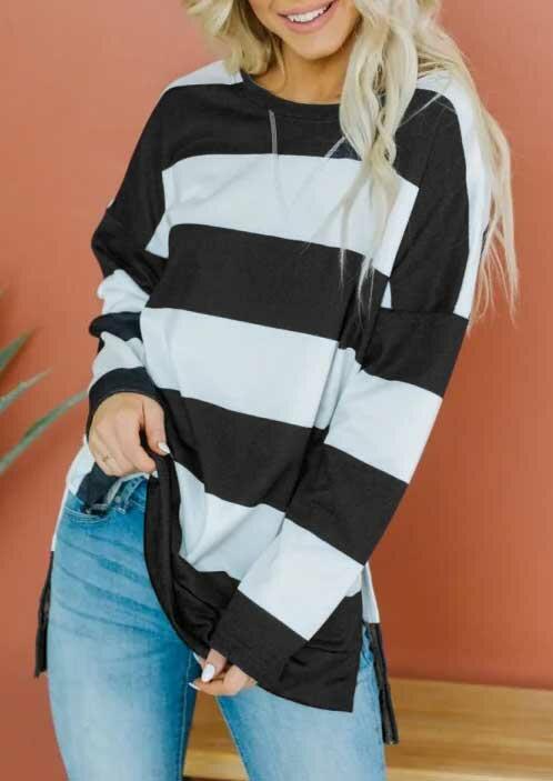 

Striped Color Block Sided Slit Pullover Sweatshirt, Stripe, 488319