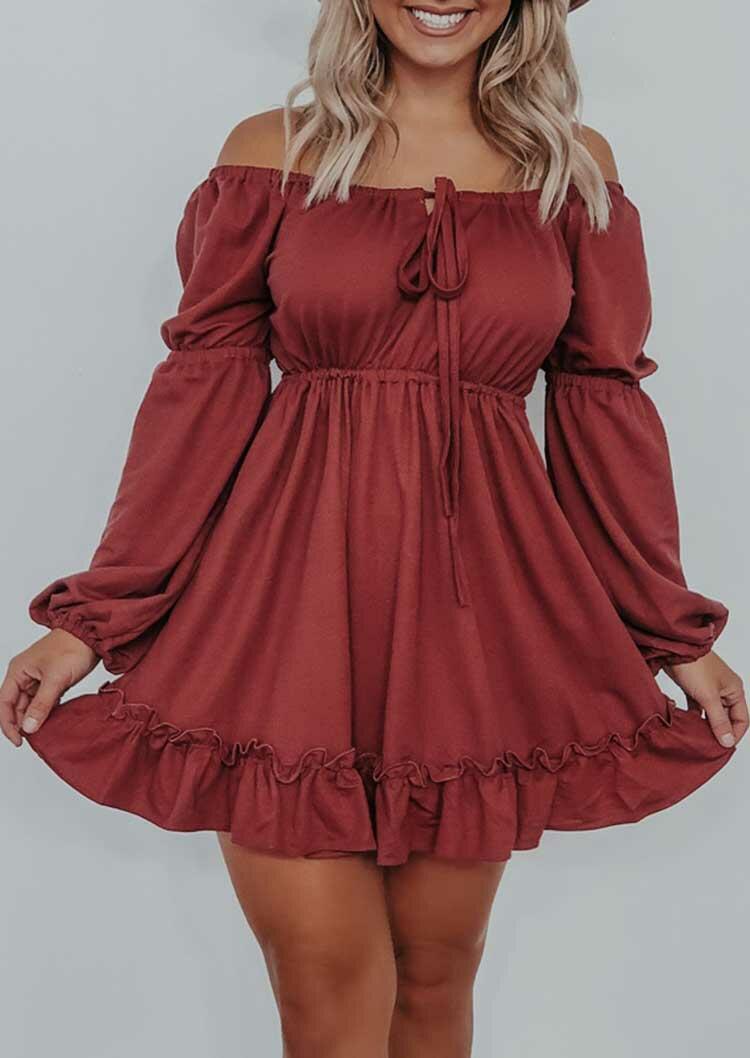 

Ruffled Tie Lantern Sleeve Off Shoulder Mini Dress - Burgundy, 488322