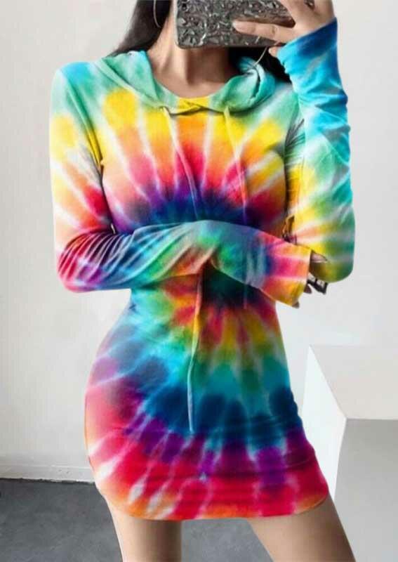 

Tie Dye Swirl Drawstring Hooded Long Sleeve Bodycon Dress, Multicolor, 488324